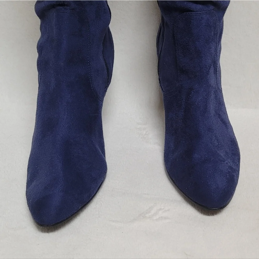 90s Vintage Skechers Blue Faux Suede Cuffed Tapered Heel Knee High Slouch Boots